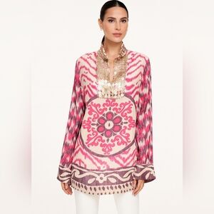 Tori Burch womans silk tunic metal embellished neck line bold pink purple sz12
